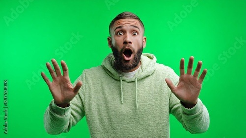 A man on a green screen reacts with wide-eyed shock, mouth agape and hands raised in a gesture of surprise