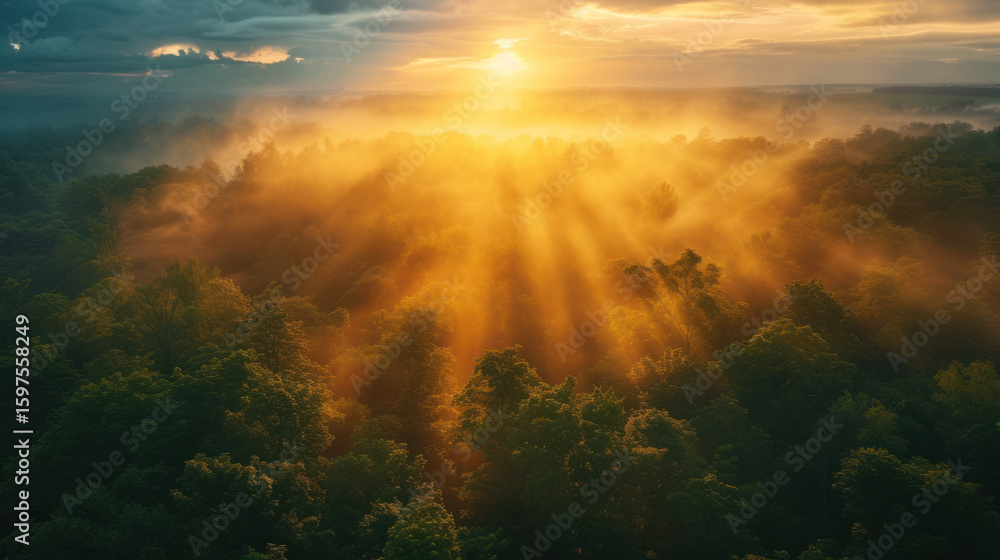 Obraz premium Sunrise over a misty forest. Light rays pierce through the fog creating a serene and ethereal scene.