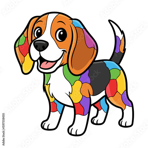 Beagle flat vector, colored cartoon with line art and white background. AI generated image.