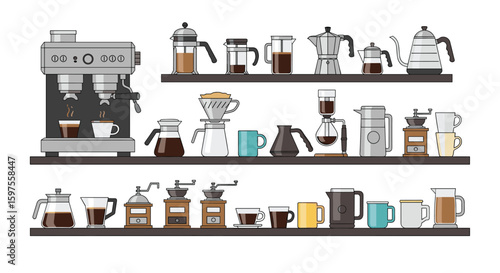 Collection of vintage coffee makers and grinders on shelves for your kitchen decor