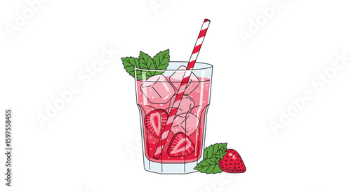 Refreshing strawberry mint drink with ice and striped straw