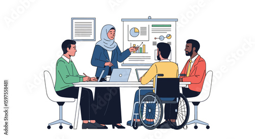 Diverse team collaborates in business meeting discussing financial growth and development strategies