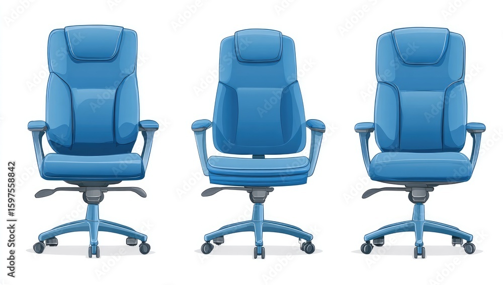 Fototapeta premium Three blue office chairs, front view