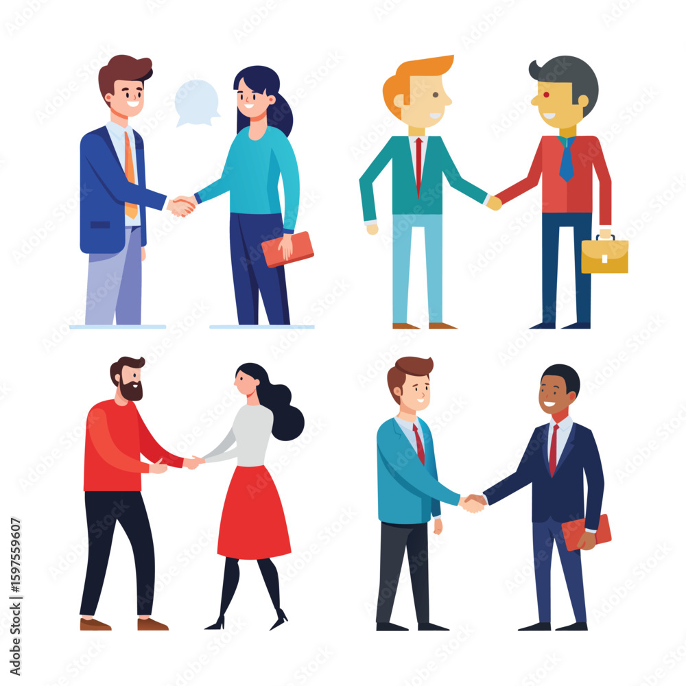 Diverse Businesspeople Handshake Agreement: Flat Design, Positive Mood, Teamwork Concept Diverse Businesspeople Handshake Agreement: Flat Design, Positive Mood, Teamwork Concept