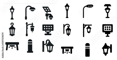 Street light solid icons set – silhouette, filled, urban lighting and lamp designs