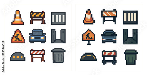 Construction and traffic pixel art icons set – road, safety, barricade designs