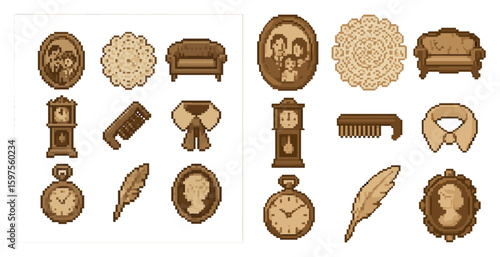 Vintage decorations pixel art icons set – retro, classic home decor symbols