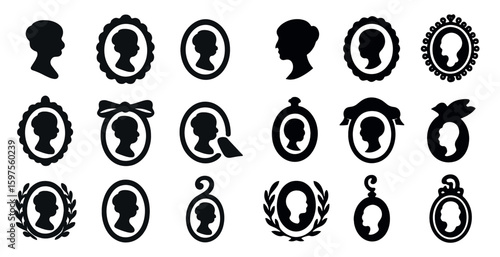 Vintage cameo silhouette icons set – portrait, solid, antique design symbols