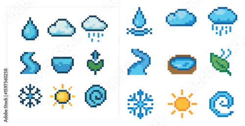 Weather and climate pixel art icons set – pixelated, outline, atmospheric symbols