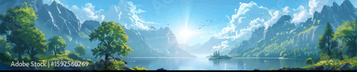mountain lake surrounded by green forests, dramatic peaks, and a radiant sunrise sky. Generative ai vector illustration. Wide panoramic banner image