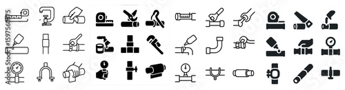 Plumbing outline icons set – linear, silhouette, pipe and tool graphics collection