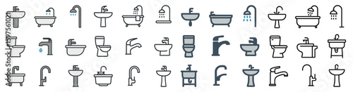Bathroom and plumbing outline icons set – linear, silhouette, water and fixtures symbols