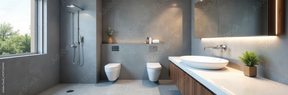 Fototapeta premium Modern bathroom, grey tiles & white countertop, upgrade, selection