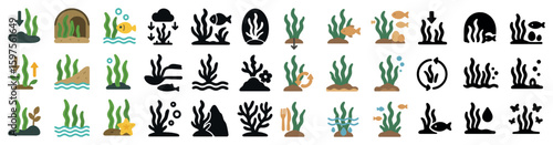 Aquatic life silhouette icons set – filled, marine symbols and ocean graphics