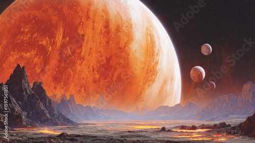 Alien landscape with fiery planet