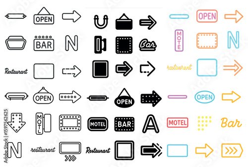 Restaurant and bar outline icons set – linear, signage, hospitality elements