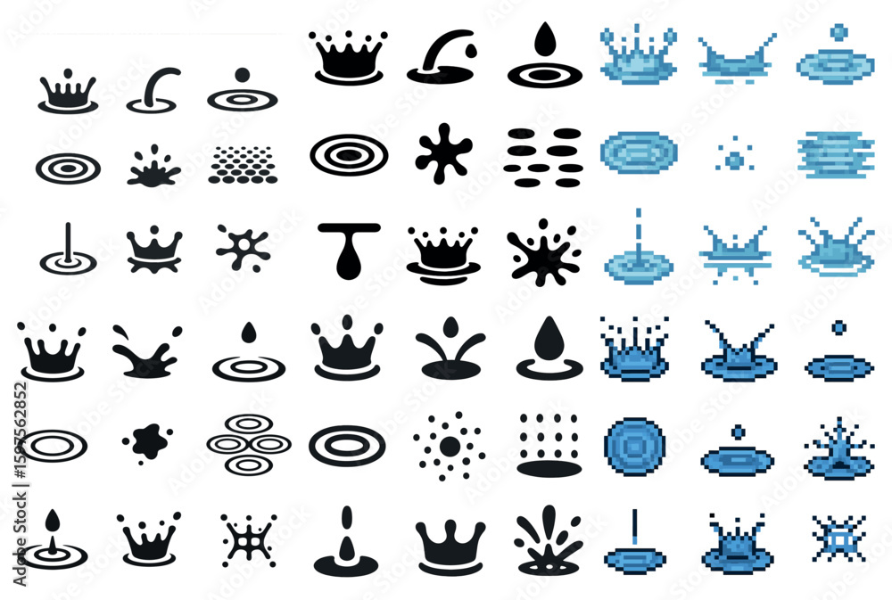 Obraz premium Water splash silhouette icons set – solid, filled, aquatic and fluid design symbols