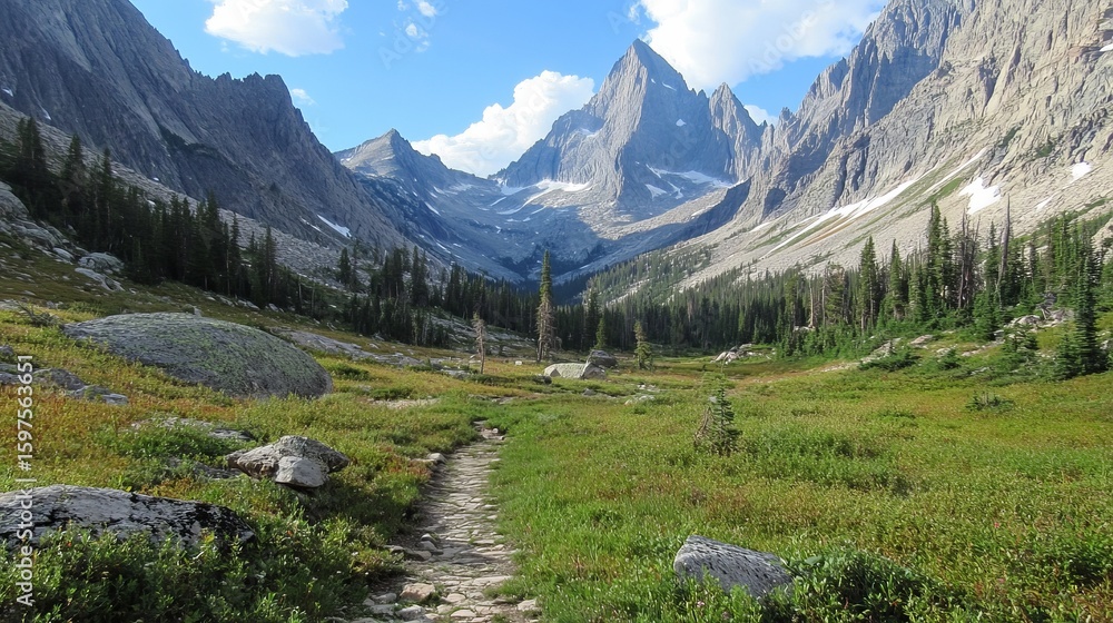 Fototapeta premium Mountain valley trail winds through wildflowers and coniferous forest