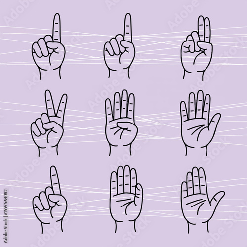 A minimalist line drawing illustration of various hand gestures on a light purple background.