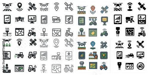 Agricultural technology icons set – silhouette, pixel art, farming and drone symbols