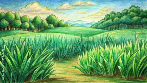 Vector sketch of green grass field on small rolling hills. Scenic rural countryside, meadows, pastures, grassland, farm field landscape. Peaceful nature panorama illustration design