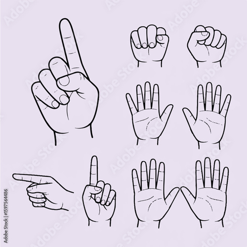 A minimalist line drawing illustration of various hand gestures on a light purple background.