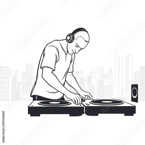 A DJ bending low over turntables at a rooftop party