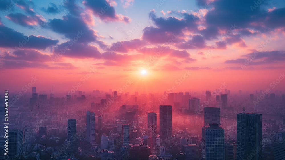 Fototapeta premium Cityscape at Sunrise: Skyscrapers silhouetted against a vibrant sky, a skyline bathed in the dawn's first light.