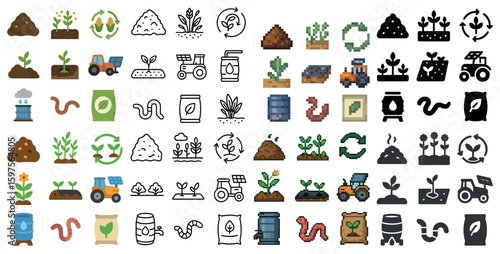 Agriculture and farming icons set – pixel art, isometric, plant and tractor symbols