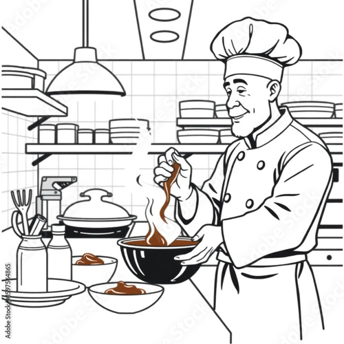 A chef sampling brown sauce in a bustling test kitchen