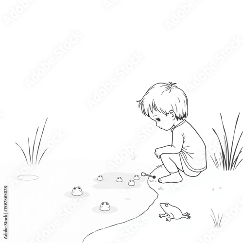 A child discovering frogspawn at a misty pond’s edge