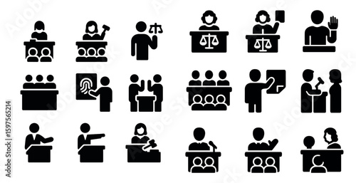 Legal and justice solid icons set – court, law, courtroom symbols and scales