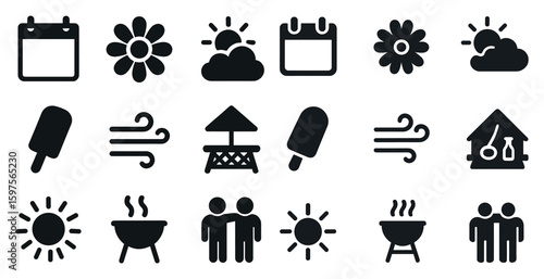 Weather and outdoor solid icons set – flat, filled, climate and nature symbols
