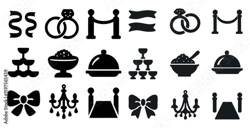 Wedding and event silhouette icons set – solid, elegant, ceremonial symbols