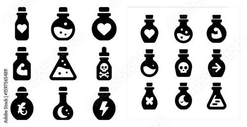Potion and alchemy solid icons set – silhouette, filled, magic and elixir symbols