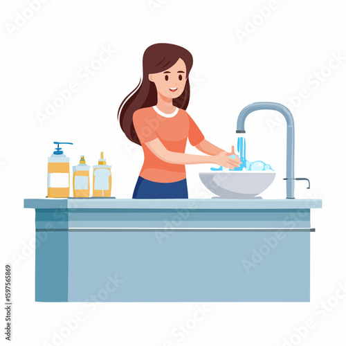 Vector flat illustration of a customer washing or sanitizing hands before eating at restaurant, hygiene and safety awareness concept