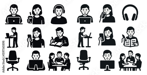 Remote work silhouette icons set – office, home, productivity symbols