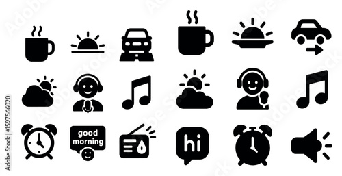 Morning routine solid icons set – filled, silhouette, daily essentials symbols