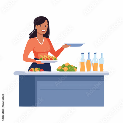Flat vector illustration of a person serving food onto a plate from a buffet table, self-service restaurant setting, clean minimalist style