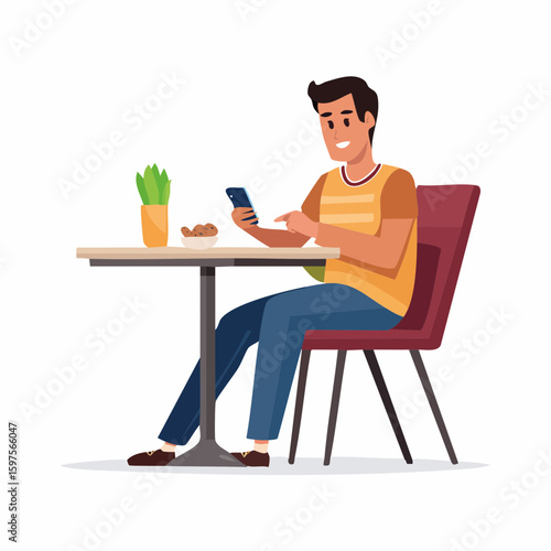Vector flat illustration of a person sitting at a restaurant table waiting for their order, checking phone or looking around, casual dining scene