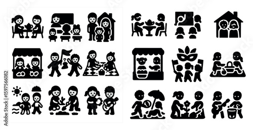 Family and relationships solid icons set – silhouette, filled, lifestyle symbols