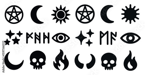 Mystical and occult symbols icon set – solid, filled, esoteric and magic signs