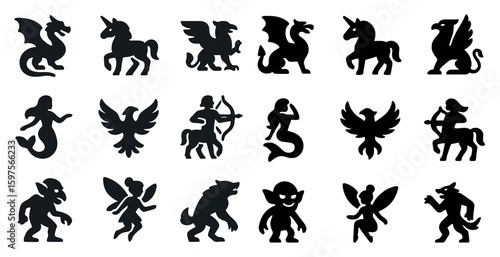 Mythical creatures silhouette icons set – fantasy, folklore and legend symbols