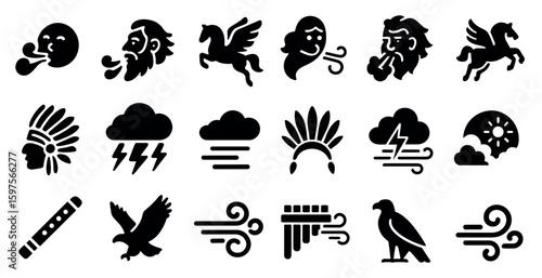 Wind and weather solid icons set – storm, cloud, atmosphere symbols