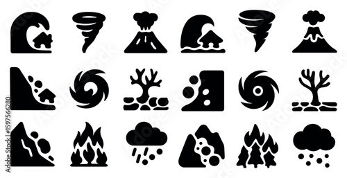 Natural disasters solid icons set – filled, silhouette, disaster and emergency symbols