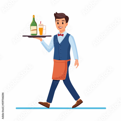 Flat vector of a waiter carrying a tray with food and drink, wearing uniform, smiling and walking, restaurant service theme