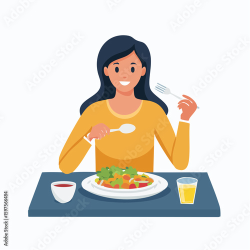 Flat vector illustration of a person sitting at a dining table eating food with fork and spoon, modern restaurant setting, clean minimal style