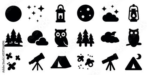 Space and nature silhouette icons set – filled, solid, celestial and wildlife graphics