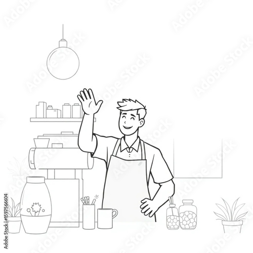 A barista waving to customers in morning sunshine