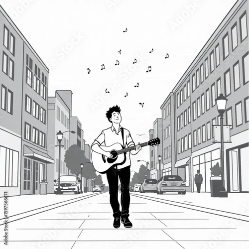 A songwriter humming melodies while walking city blocks at dusk